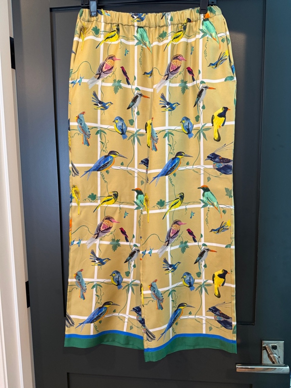 Bird Print Elastic Waist pant in Mustard Yellow